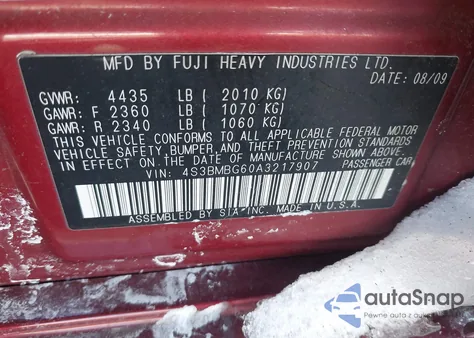 2010 Subaru Legacy 2.5I Premium z USA, uszkodzony, nr VIN 4S3BMBG60A3217907